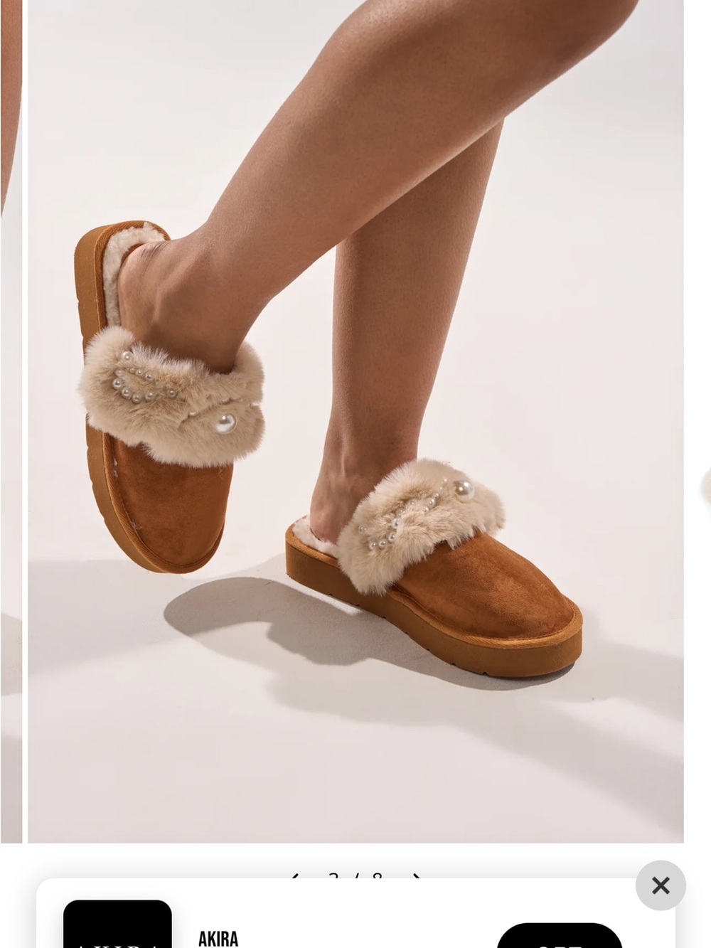 AKIRA Tan Faux-Suede Pearl & Faux-Fur Slide Slippers